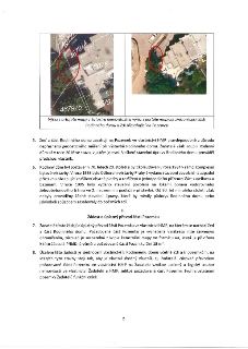 Dokument obsahuje výřez z ortofoto mapy a katastrální mapy s vyznačením části rodinného domu a zdi přesahující na pozemek. Text obsahuje body 5 až 8: 5. Zeď a…