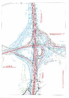 Vedení dopravy 2A. etapa. Schéma dopravního značení křižovatky s vyznačenými směry pro Chomutov, Praha, Tuchoměřice a Letiště, včetně větví (Větev 1, Větev 2,…