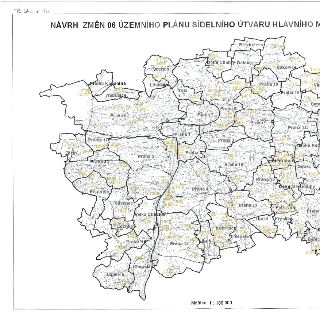 NÁVRH ZMĚN 06 ÚZEMNÍHO PLÁNU SÍDELNÍHO ÚTVARU HLAVNÍHO MĚSTA PRAHY. Mapa obsahuje vyznačené městské části a katastrální území (např. Zličin, Řeporyje, Slivenec…