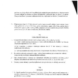 Fragment smlouvy o poskytnutí dotace. Text obsahuje podmínky kontroly účetnictví (uchování 5 let). Bod 7: Povinnost příjemce do 15 dnů oznámit zahájení insolve…
