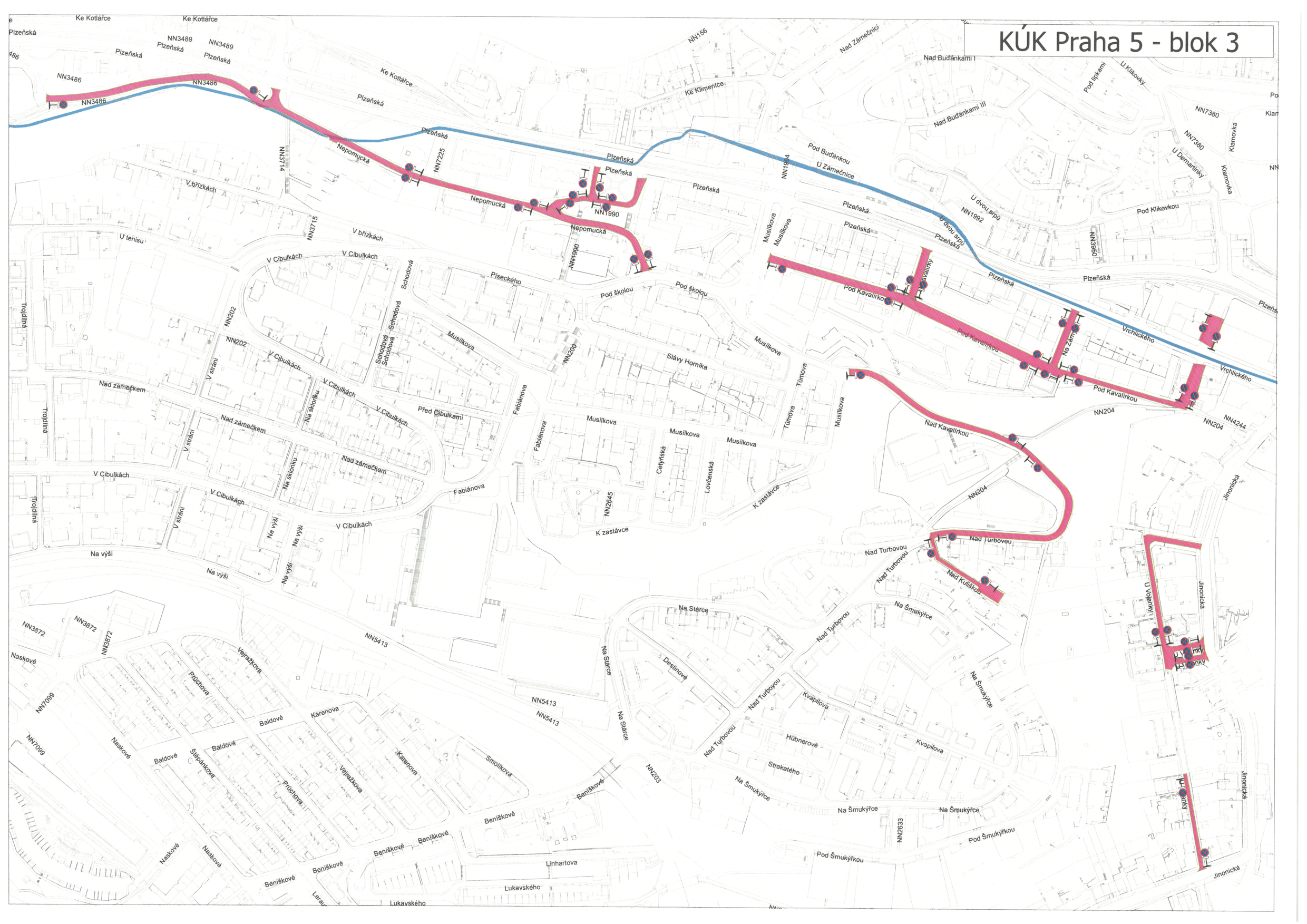 Situační plán s názvem 'KÚK Praha 5 - blok 3'. Mapa zobrazuje vyznačené úseky (pravděpodobně inženýrských sítí nebo plánované výstavby) v oblasti Prahy 5. V mapě jsou uvedeny názvy ulic: Plzeňská, Ke Kotlářce, Nepomucká, Pod Školou, Musílkova, Slávy Horníka, Tůmova, Pod Kavalírkou, Na Záhonech, Vrchlického, Nad Kavalírkou, Nad Turbovou, Nad Kuliškou, U Vojanky, Jinonická, Na Šmukýřce, Beníškovy, Naskové, V Cibulkách, Nad Zámečkem, V Stráni, Na Výši, Fabiánova, Musílkova, Lovčenská, K Zastávce, Na Stárce, Destinové, Hübnerové, Strakatého, Kvapilova, Linhartova, Lukavského. Dále jsou v mapě vyznačena identifikační čísla bodů (např. NN3486, NN3715, NN1990, NN204, NN5413, NN2633).