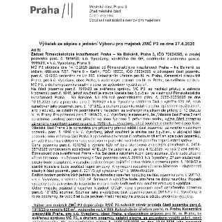 Výňatek ze zápisu z jednání Výboru pro majetek ZMČ P3 ze dne 27.4.2026. Předmětem je žádost Římskokatolické kvazifarnosti Praha – Na Balkáně (IČO 73634395) o o…
