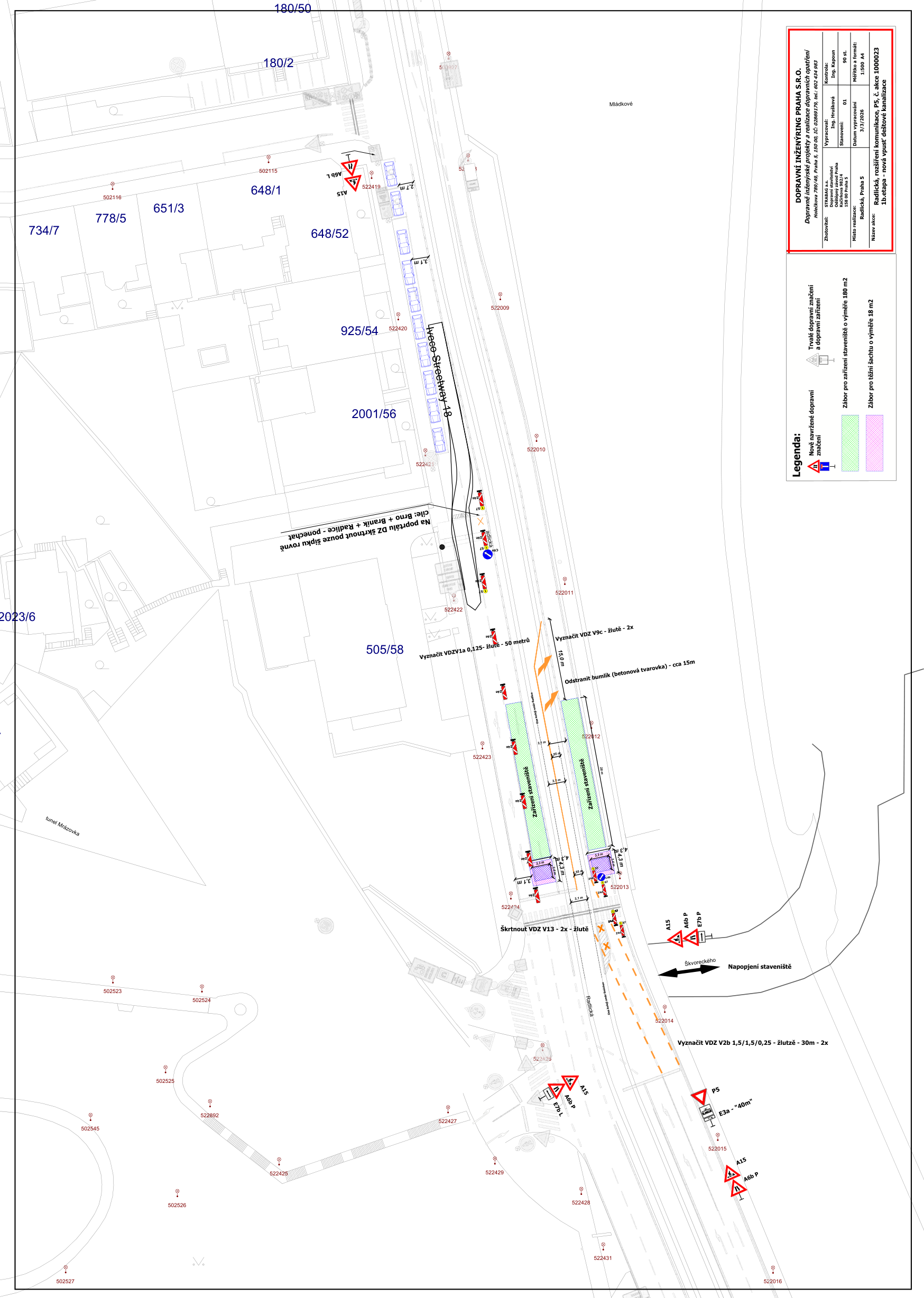 Koordinační situace dopravního značení a záboru pro stavbu dešťové kanalizace.