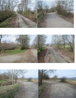 Sada šesti fotografií zachycujících asfaltovou cestu v otevřené krajině lemovanou stromy a keři. Na posledních dvou snímcích je v pozadí patrná červenobílá záv…