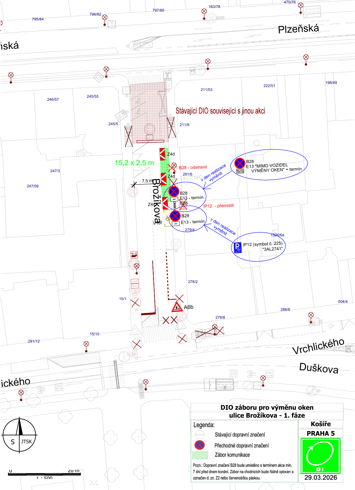 Situační nákres dopravního značení (DIO) pro zábor ulice Brožíkova v Praze 5 z důvodu výměny oken.