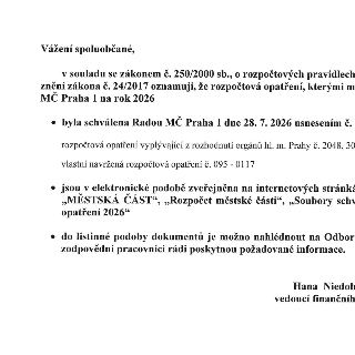 Oznámení pro občany MČ Praha 1 o rozpočtových opatřeních na rok 2026. Dokument uvádí, že rozpočtová opatření byla schválena Radou MČ Praha 1 dne 28. 7. 2026 us…