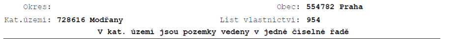 Výpis z katastru nemovitostí: Obec: 554782 Praha, Katastrální území: 728616 Modřany, List vlastnictví: 954. V katastrálním území jsou pozemky vedeny v jedné číselné řadě.