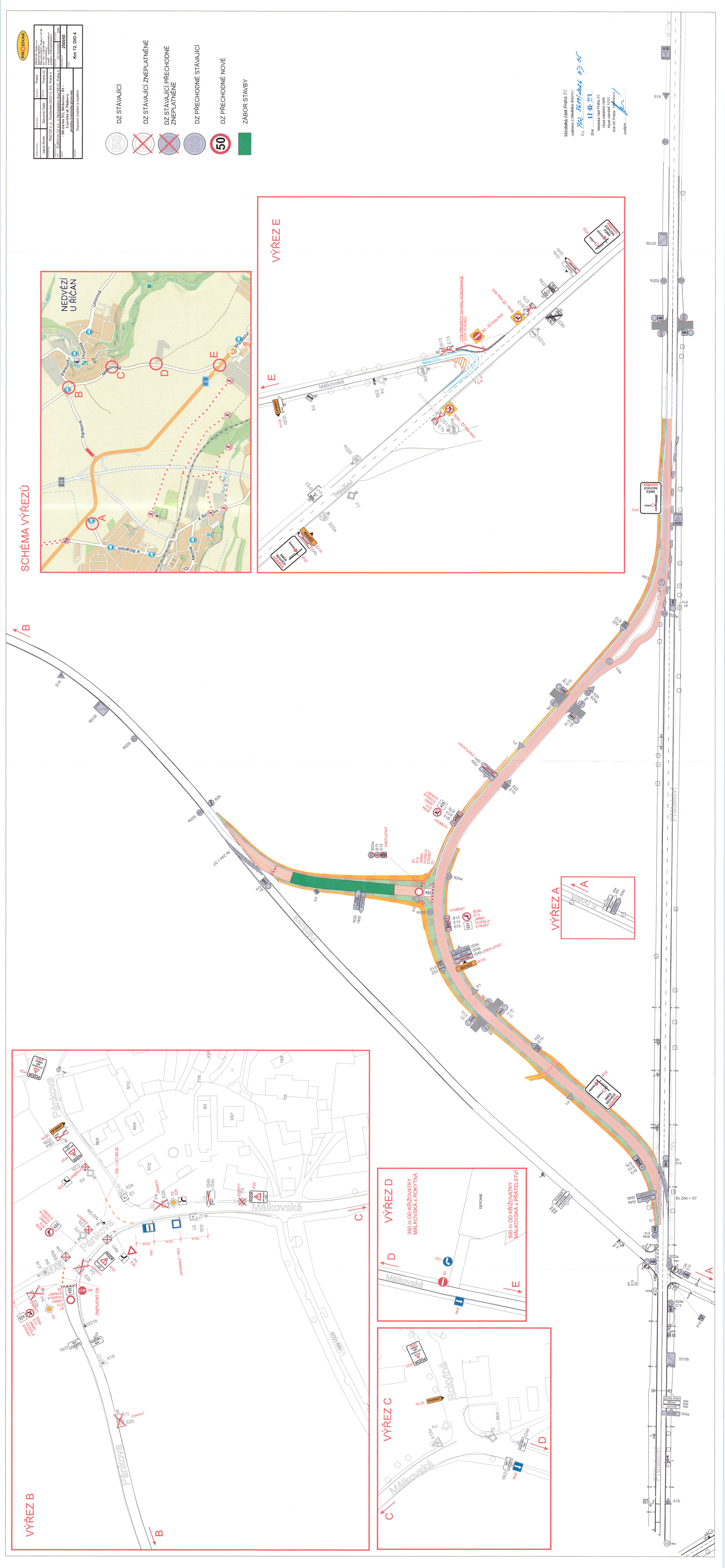 Koordinační situace dočasného dopravního značení stavby v obci Nedvězí u Říčan.