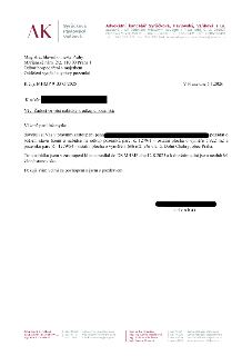 Právní dokument od advokátní kanceláře Syrůčková, Pavlovský, Vaňková s.r.o. adresovaný Magistrátu hlavního města Prahy (Odbor hospodaření s majetkem). Předmět:…