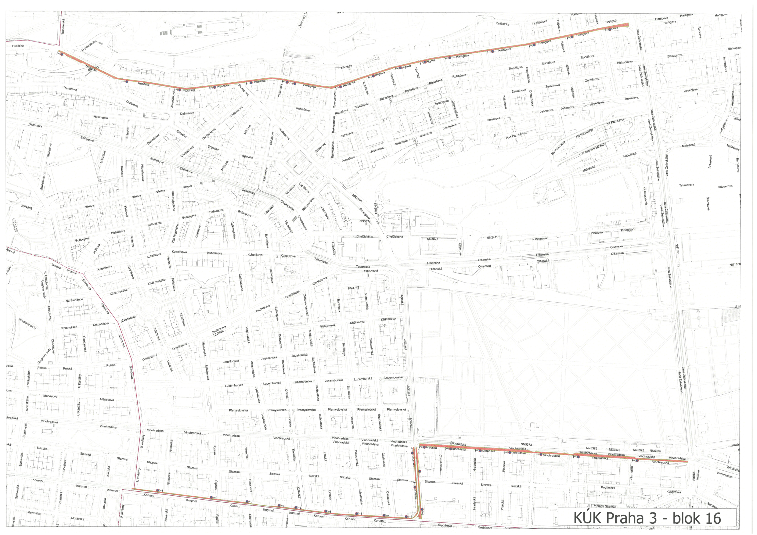 Mapa s vyznačenými trasami (pravděpodobně inženýrských sítí nebo plánované výstavby) v městské části Praha 3.