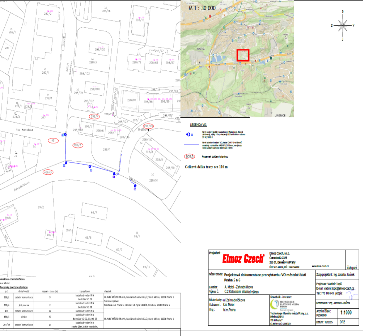 Koordinační situační výkres plánované výstavby veřejného osvětlení v lokalitě ulice Zahradníčkova, Praha 5.