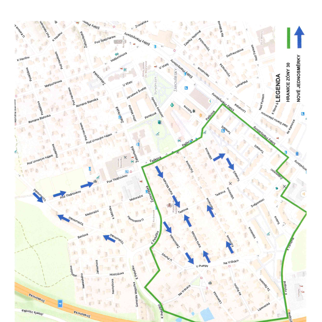 Mapa dopravního značení v oblasti Praha-Záběhlice (ulice Žabovřeská, Elišky Přemyslovny, Pod Sychrovem, atd.). Mapa znázorňuje hranice zóny 30 (vyznačené zelenou čarou) a nové jednosměrné ulice vyznačené modrými šipkami. Čitelné názvy ulic: Strakonická, Josefa Houdka, K Výtopně, Lipenecká, Za Opusem, Ke Kyjovu, Na Vrškách, U Pumpy, K Peluňku, Generála Mejstříka, Nechybova, Jansenova, Hostošova, Výzkumníků, Meliorační, K Mlíčníku, U Kostrounku, Pod Třešňovkou, Žabovřeská, Karla Michala, Tadrova, Fuchsova, Vilímkova, Svépomocí, Tunelářů, Paškova, Elišky Přemyslovny, Jaromíra Vejvody, Pirnejova, Jiřího Mašiny, Jaroslava Ševely, U Včely, Sluneční park, Romana Bláhová, Pod Havlínem, Matjuchinova, Pod Poděšova, K Havlínu, Pod Špejcharem, Zdeňky Nyplové, Vytvarnická, Nezvalova, Lomařská, Nad Parkem, K Nové, Nad Starou pískovnou, Ke Kamince. V legendě je uvedeno: 'HRANICE ZÓNY 30', 'NOVÉ JEDNOSMĚRKY'.