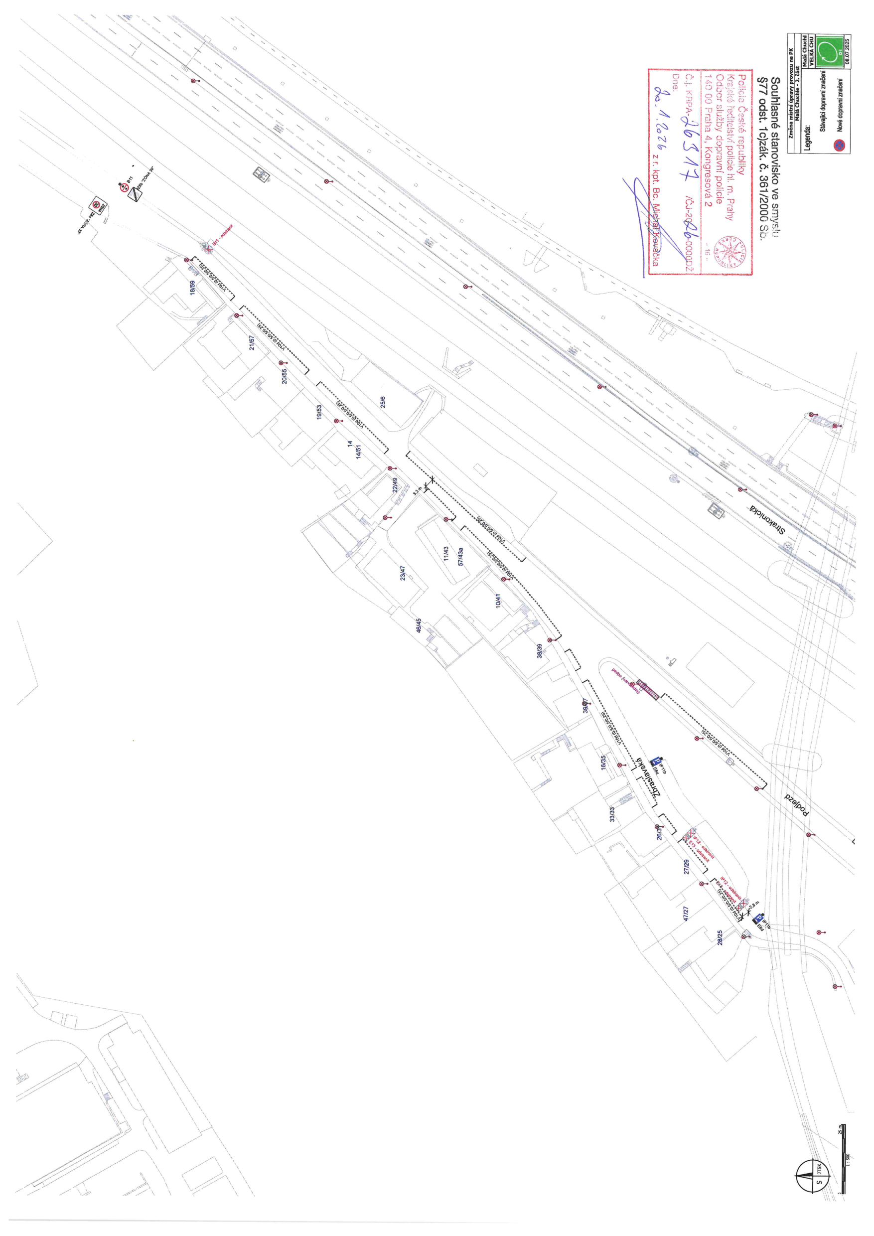 Situační nákres dopravního značení v ulici Zbraslavská a jejího okolí.