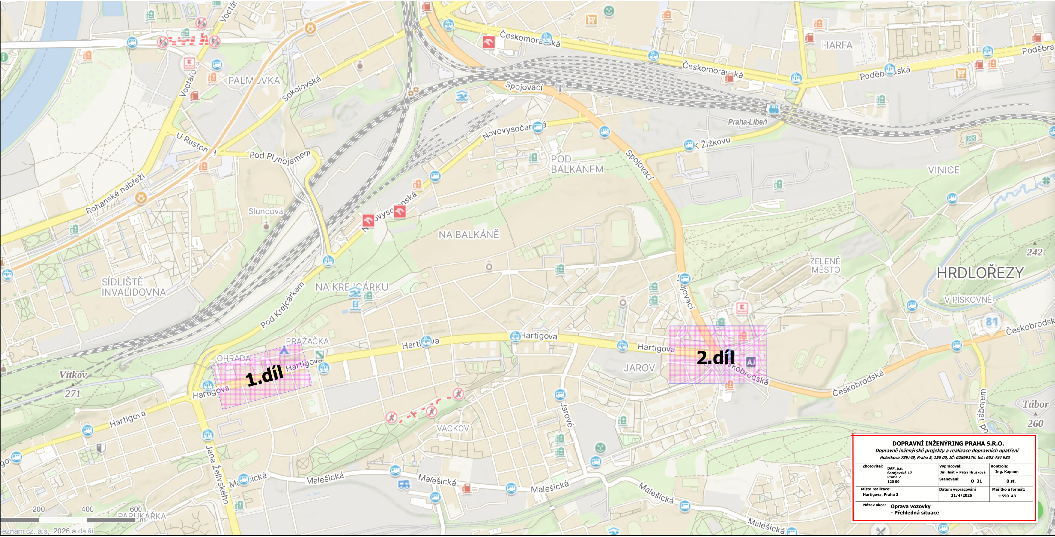 Situační nákres opravy vozovky v ulici Hartigova, Praha 3. Mapa zobrazuje dvě vyznačené oblasti prací: '1.díl' v oblasti křižovatky s ulicí Jana Želivského a '2.díl' v oblasti Jarova. V pravém dolním rohu je tabulka s informacemi: Zhotovitel: DNP, a.s., Sarajevská 17, Praha 2, 120 00. Vypracoval: Ing. Petr Hrušková. Kontrola: Ing. Kapoun. Stanovení: O 31. Datum vypracování: 21/4/2026. Měřítko a formát: 1/550 A3. Název akce: Oprava vozovky - Přehledná situace.