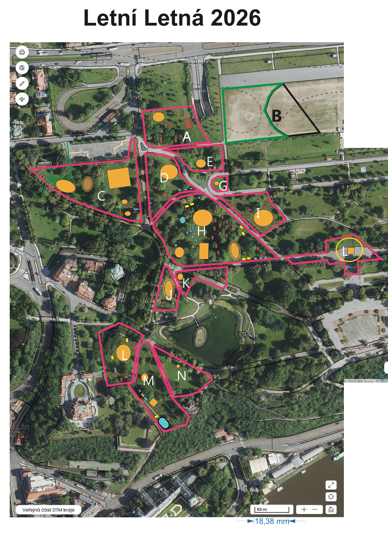 Plán akce 'Letní Letná 2026' zobrazený nad ortofotomapou parku Letná v Praze. Mapa obsahuje vyznačené zóny označené písmeny A až N, které pravděpodobně reprezentují jednotlivé scény, stánky nebo zázemí festivalu. V pravém dolním rohu je měřítko 50 m a v levém dolním rohu text 'Veřejná část DTM kraje'.