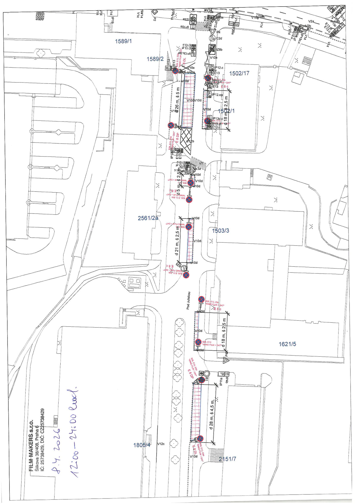 Koordinační situační výkres dopravního značení pro filmové natáčení v ulici Pod Juliskou.
