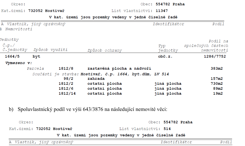 Výpis z katastru nemovitostí. Horní část: Okres: Praha, Obec: 554782 Praha, Kat. území: 732052 Hostivař, List vlastnictví: 11347. Jednotka č. 1664/5, typ: byt, způsob využití: obč.z., podíl na společných částech nemovitosti: 1286/7752. Vymezeno v: parcela 1812/8 (zastavěná plocha a nádvoří, 383 m2), součástí je stavba: Hostivař, č.p. 1664, byt. dům, LV 514; parcela 98/2 (zahrada, 157 m2); parcela 1812/2 (ostatní plocha, jiná plocha, 730 m2); parcela 1812/6 (ostatní plocha, jiná plocha, 89 m2); parcela 1812/14 (ostatní plocha, jiná plocha, 19 m2). Dolní část: b) Spoluvlastnický podíl ve výši 643/3876 na následující nemovité věci: Okres: Praha, Obec: 554782 Praha, Kat. území: 732052 Hostivař, List vlastnictví: 514.