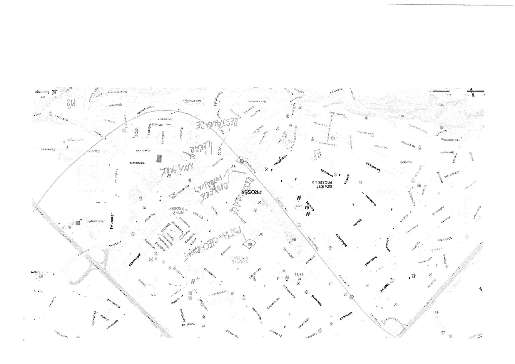 Situační mapa oblasti Prosek v Praze. Obsahuje názvy ulic (např. Lovosická, Jablonecká, Vysočanská, Litoměřická, Prosecká, Českolipská, Litvínovská, Teplická, Rumburská, Bílinská, Na Vyhlídce, Nad Krocínkou, Nad Kundratkou, Čakovická, Ke Klíčovu, Letňanská). Dále jsou vyznačeny lokality: Sídliště Prosek I, II, Sídliště Prosek II, Nový Prosek. Ručně psané poznámky v mapě: 'Pošta + Czech Point', 'Oděvy, potraviny', 'Restaurace', 'Lékař', 'Nový park'. V pravém dolním rohu je měřítko.
