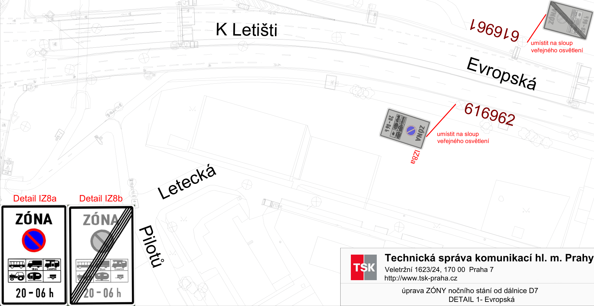 Situační nákres dopravního značení (zóna zákazu stání) na ulici Evropská.