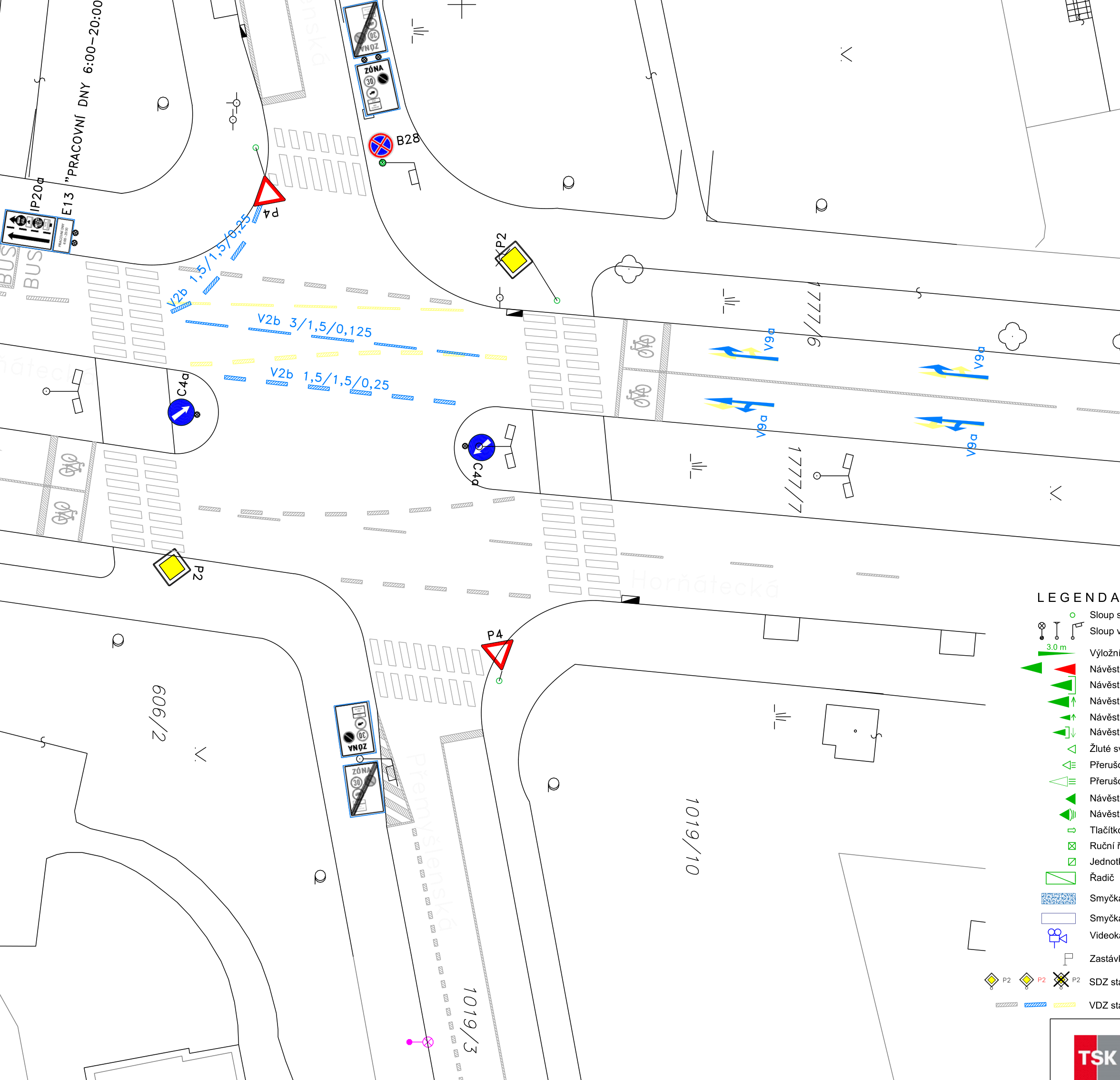 Situační nákres dopravního značení křižovatky ulic Přemyslovská a Horňátecká. Obsahuje: vodorovné dopravní značení (V2b, V9a, V9b), svislé dopravní značení (P2 - Hlavní pozemní komunikace, P4 - Dej přednost v jízdě, C4a - Přikázaný směr jízdy vpravo, B28 - Zákaz zastavení, IP20a - Zóna s dopravním omezením 30 km/h, BUS zastávka). V mapě jsou vyznačena parcelní čísla (606/2, 1019/10, 1019/3, 1777/6, 1777/7). Legenda obsahuje symboly pro sloupy, návěstidla, tlačítka, řadiče, smyčky a videokamery. V pravém dolním rohu logo TSK.