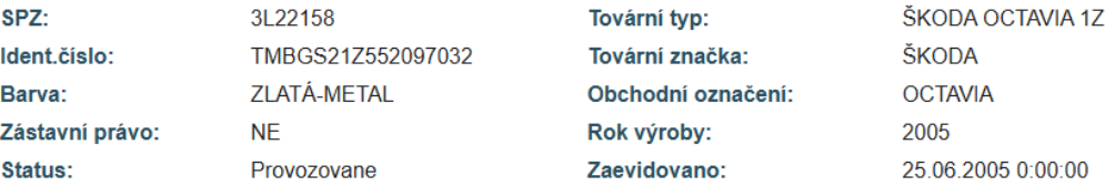Tabulka s informacemi o vozidle: SPZ: 3L22158, Ident.číslo: TMBGS21Z552097032, Barva: ZLATÁ-METAL, Zástavní právo: NE, Status: Provozovane, Tovární typ: ŠKODA OCTAVIA 1Z, Tovární značka: ŠKODA, Obchodní označení: OCTAVIA, Rok výroby: 2005, Zaevidováno: 25.06.2005 0:00:00
