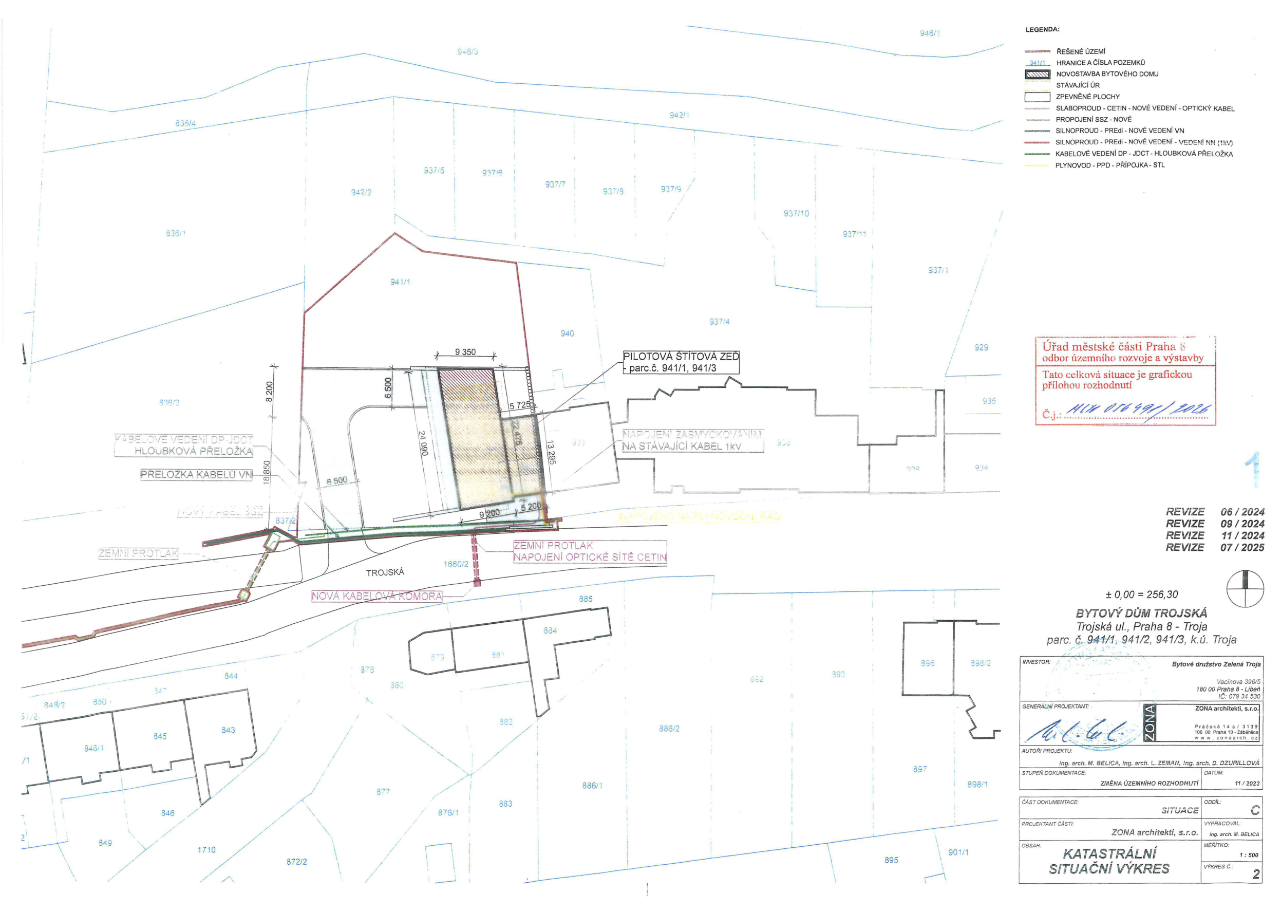Katastrální situační nákres plánované novostavby bytového domu na parcele č. 941/1 v Praze-Troji.