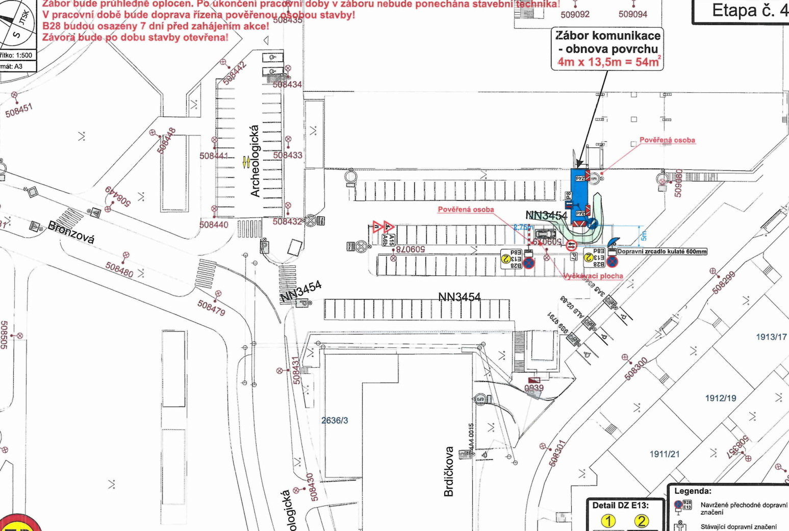 Situační nákres dopravního značení a záboru komunikace pro stavební účely.