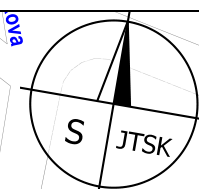 Severka (kompasová růžice) orientovaná k severu, s označením 'S' a zkratkou 'JTSK', která odkazuje na souřadnicový systém Jednotné trigonometrické sítě katastrální používaný v českých mapových podkladech.