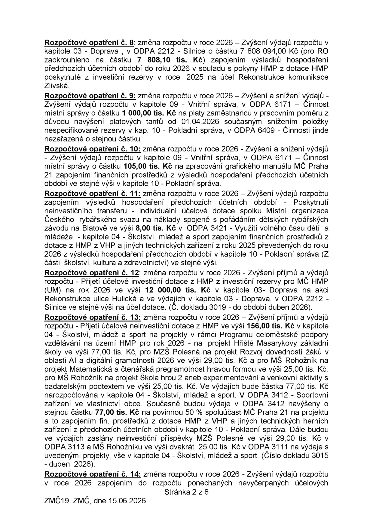 Rozpočtová opatření pro rok 2026 (ZMČ 19, 15.06.2026):
- č. 8: Zvýšení výdajů v kap. 03 (Doprava) o 7 808,10 tis. Kč na rekonstrukci komunikace Zlivská.
- č. 9: Zvýšení výdajů v kap. 09 (Vnitřní správa) o 1 000,00 tis. Kč na platy zaměstnanců, kryto snížením rezervy v kap. 10.
- č. 10: Zvýšení výdajů v kap. 09 o 105,00 tis. Kč na grafický manuál MČ Praha 21, kryto z výsledků hospodaření.
- č. 11: Poskytnutí dotace 8,00 tis. Kč spolku Místní organizace Českého rybářského svazu na dětské závody na Blatově.
- č. 12: Přijetí dotace 12 000,00 tis. Kč na rekonstrukci ulice Hulická.
- č. 13: Přijetí dotace 156,00 tis. Kč na školské projekty (Hřiště Masarykovy ZŠ 77 tis. Kč, Rozvoj dovedností ZŠ Polesná 29 tis. Kč, MŠ Rohožník 25 tis. Kč, MŠ Rohožník - Škola hrou 25 tis. Kč). Dále navýšení výdajů v kap. 04 o 77,00 tis. Kč (spoluúčast MČ) a rozdělení příspěvků pro ZŠ Polesná (29 tis. Kč) a MŠ Rohožník (2x 25 tis. Kč).
- č. 14: Zvýšení výdajů zapojením nevyčerpaných účelových prostředků.