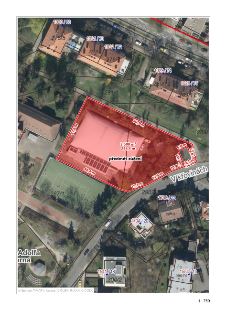 Katastrální mapa a ortofoto s vyznačeným červeným objektem (označeným jako 'předmět zúžení', plocha 3 500 m², obvod 284,4 m) a rozměry stran (47,6 m; 48,4 m; 8…
