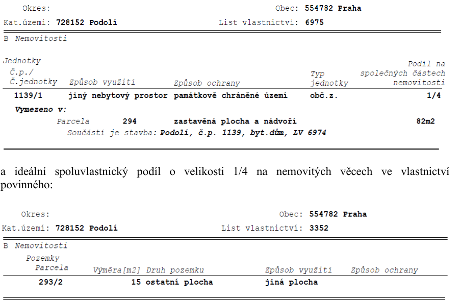 Výpis z katastru nemovitostí. Část 1: Okres: Praha, Kat. území: 728152 Podolí, List vlastnictví: 6975. B Nemovitosti: Jednotka č.p./č.jednotky 1139/1, jiný nebytový prostor, památkově chráněné území, typ jednotky obč.z., podíl na společných částech nemovitosti 1/4. Vymezeno v: Parcela 294, zastavěná plocha a nádvoří, 82m2. Součástí je stavba: Podolí, č.p. 1139, byt. dům, LV 6974. Část 2: Ideální spoluvlastnický podíl o velikosti 1/4 na nemovitých věcech ve vlastnictví povinného: Okres: Praha, Kat. území: 728152 Podolí, List vlastnictví: 3352. B Nemovitosti: Pozemky, Parcela 293/2, výměra 15 m2, druh pozemku ostatní plocha, způsob využití jiná plocha.