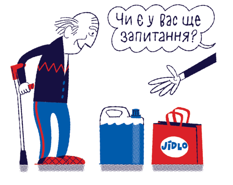 Ilustrace zobrazující staršího muže s berlí, vedle kterého stojí kanystr s modrou tekutinou a červená nákupní taška s nápisem 'JÍDLO'. V bublině je text v ukrajinštině: 'Чи є у вас ще запитання?' (v překladu: 'Máte ještě nějaké otázky?').