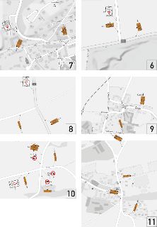 Sestava mapových výřezů 6, 7, 8, 9, 10 a 11 s vyznačenými oranžovými dopravními značkami a směrovkami směřujícími na Černošice, Dobřichovice a Radotín.