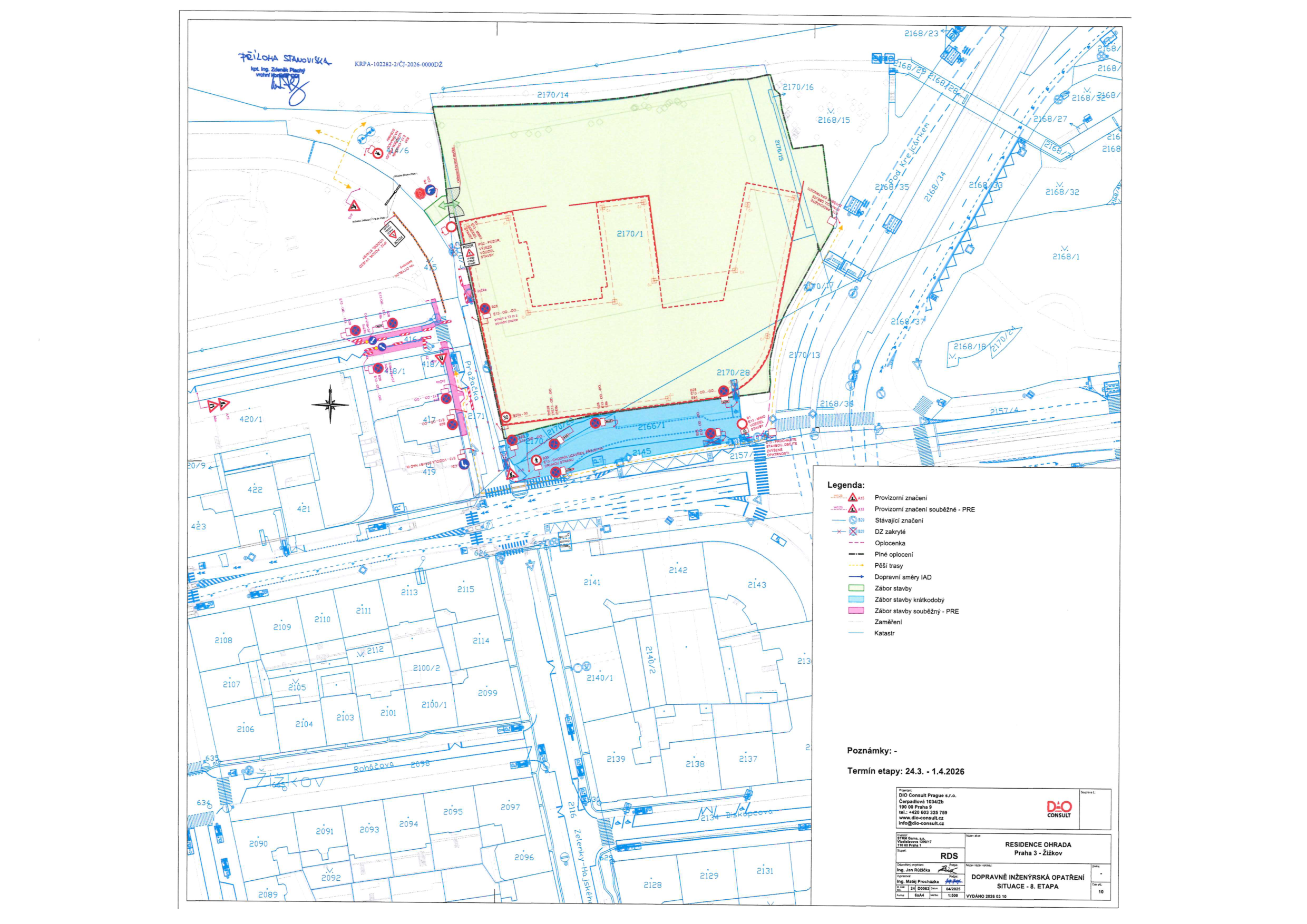 Koordinační situační výkres dopravního značení a záboru pro stavbu Residence Ohrada v Praze 3.