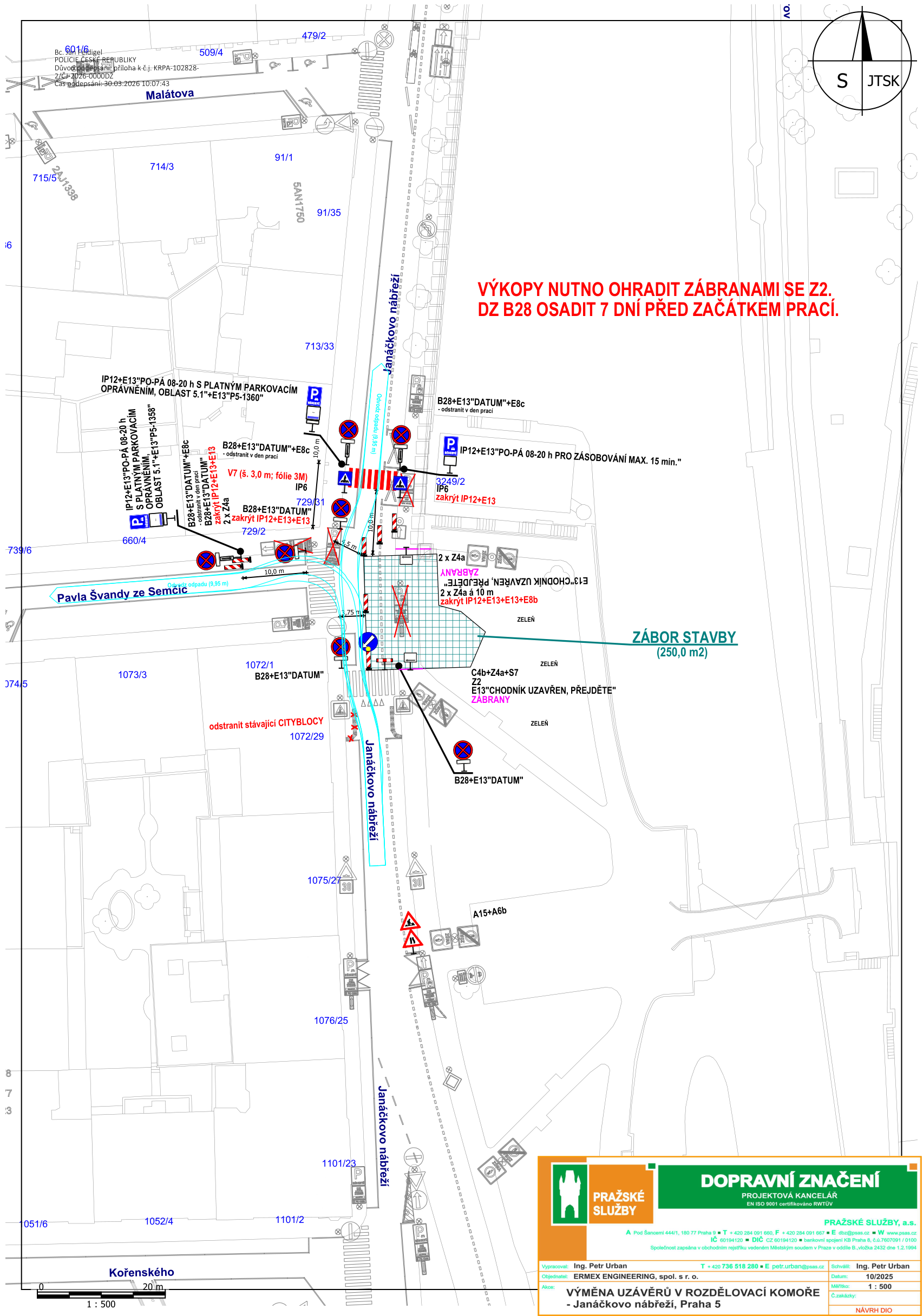 Situační nákres dopravního značení a záboru stavby pro výměnu uzávěrů na Janáčkově nábřeží v Praze.