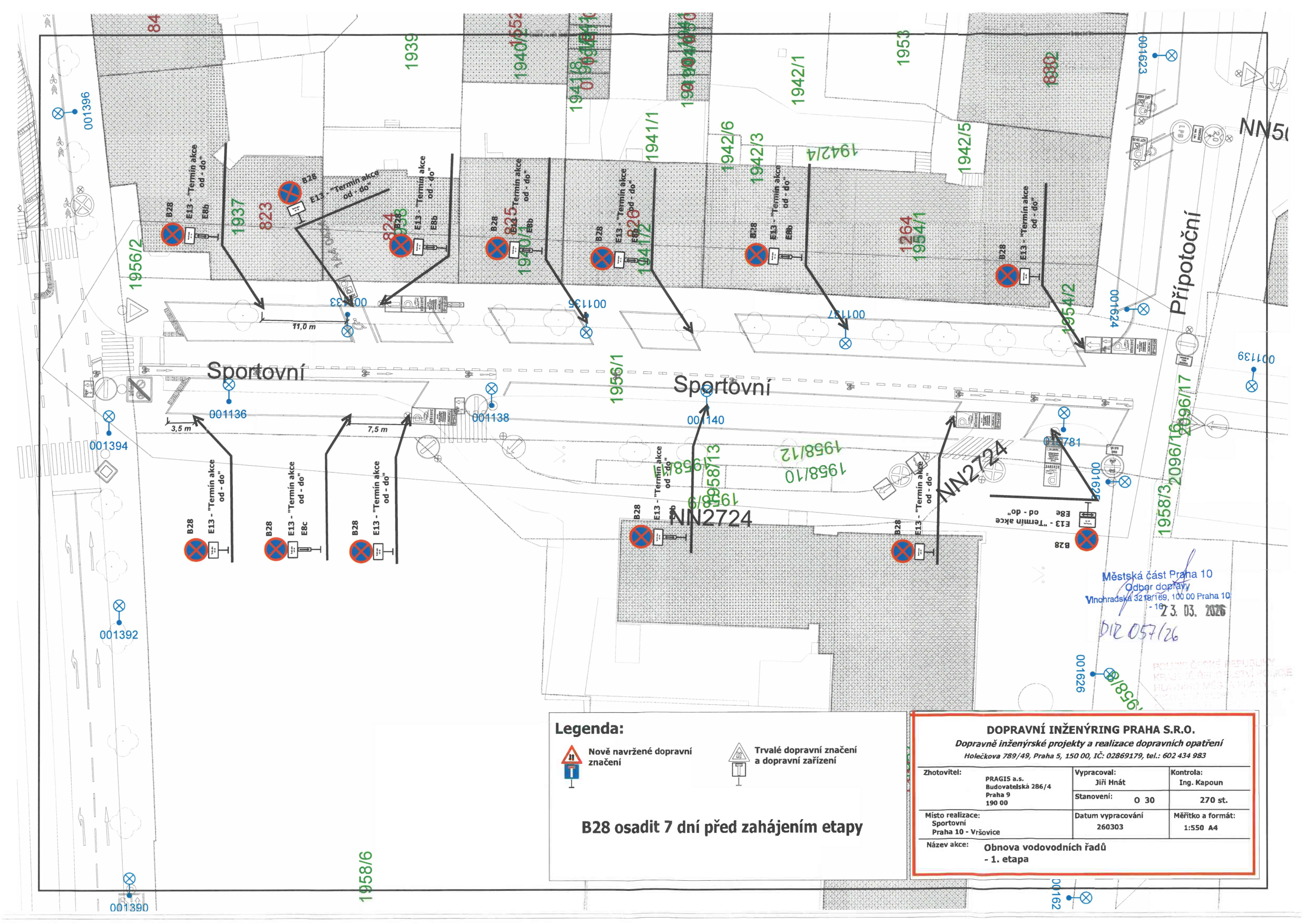 Dopravně inženýrský situační nákres pro etapu výstavby v ulici Sportovní.
