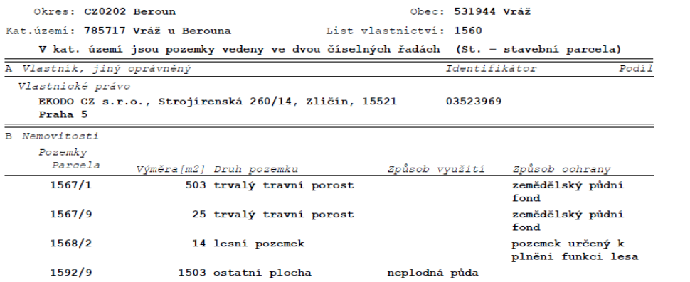 Výpis z katastru nemovitostí, List vlastnictví: 1560, Okres: CZ0202 Beroun, Obec: 531944 Vráž, Katastrální území: 785717 Vráž u Berouna. Vlastník: EKODO CZ s.r.o., Strojírenská 260/14, Zličín, 15521 Praha 5, IČO: 03523969. Seznam nemovitostí: parcela 1567/1 (503 m2, trvalý travní porost, zemědělský půdní fond), parcela 1567/9 (25 m2, trvalý travní porost, zemědělský půdní fond), parcela 1568/2 (14 m2, lesní pozemek, pozemek určený k plnění funkcí lesa), parcela 1592/9 (1503 m2, ostatní plocha, neplodná půda).