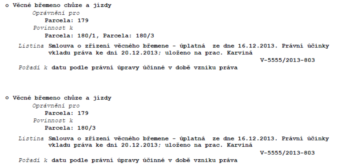 Výpis z katastru nemovitostí obsahující dvě věcná břemena chůze a jízdy: 1) Věcné břemeno chůze a jízdy, oprávnění pro parcelu 179, povinnost k parcelám 180/1 a 180/3, zřízeno smlouvou ze dne 16.12.2013, právní účinky vkladu ke dni 20.12.2013, uloženo na pracovišti Karviná, č.j. V-5555/2013-803. 2) Věcné břemeno chůze a jízdy, oprávnění pro parcelu 179, povinnost k parcele 180/3, zřízeno smlouvou ze dne 16.12.2013, právní účinky vkladu ke dni 20.12.2013, uloženo na pracovišti Karviná, č.j. V-5555/2013-803.