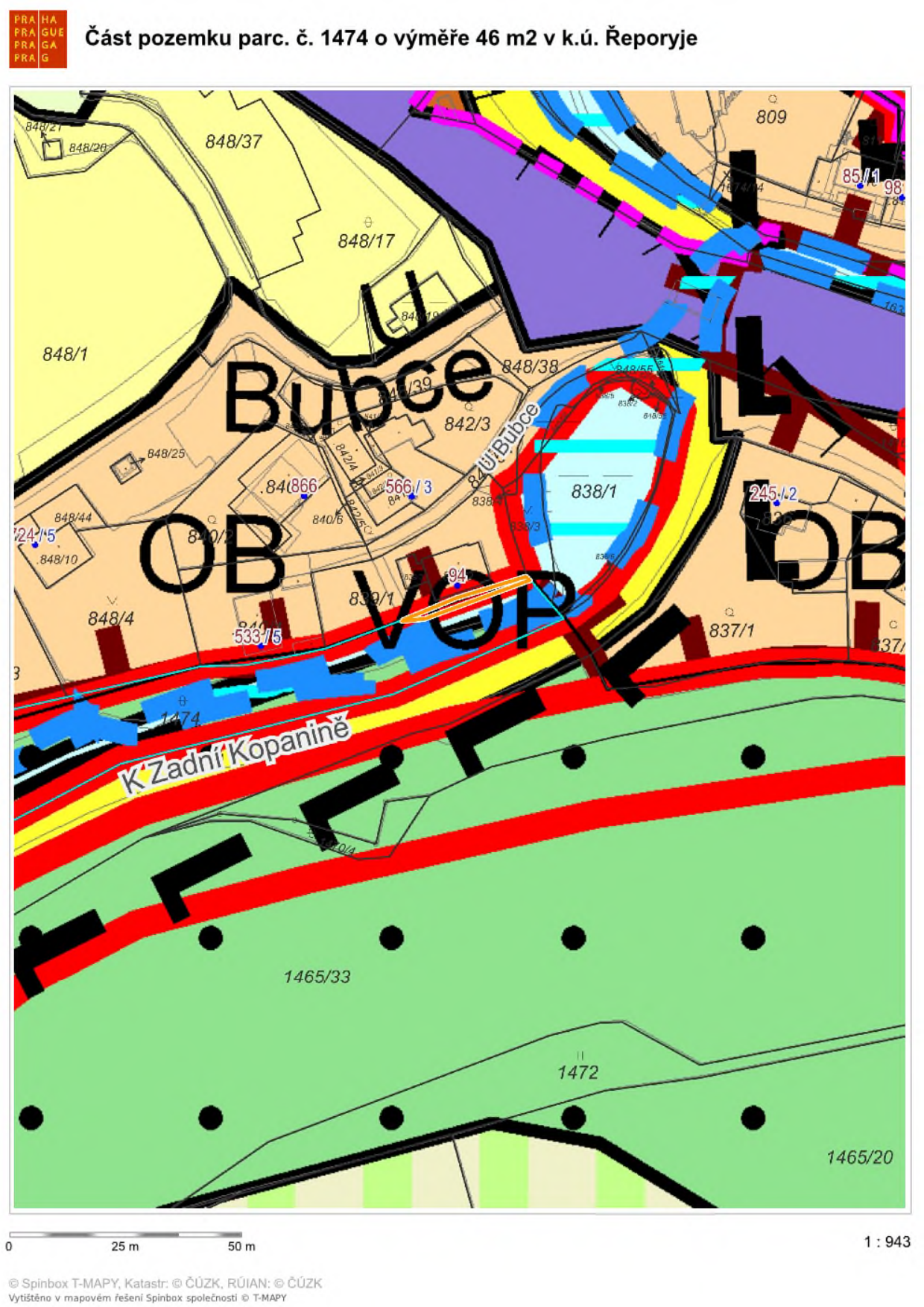 Mapa znázorňující část pozemku parc. č. 1474 o výměře 46 m2 v k.ú. Řeporyje. Mapa obsahuje katastrální čísla pozemků (např. 848/1, 848/17, 848/37, 842/3, 838/1, 837/1, 1465/33, 1465/20, 1474, 533/5, 566/3, 840/6, 842/4, 842/5, 848/25, 848/38, 848/55, 838/3, 245/2, 85/1, 809), názvy lokalit (Bubce, U Bubce, K Zadní Kopanině) a územní plánování (označení OB, VOP). Měřítko mapy je 1:943.