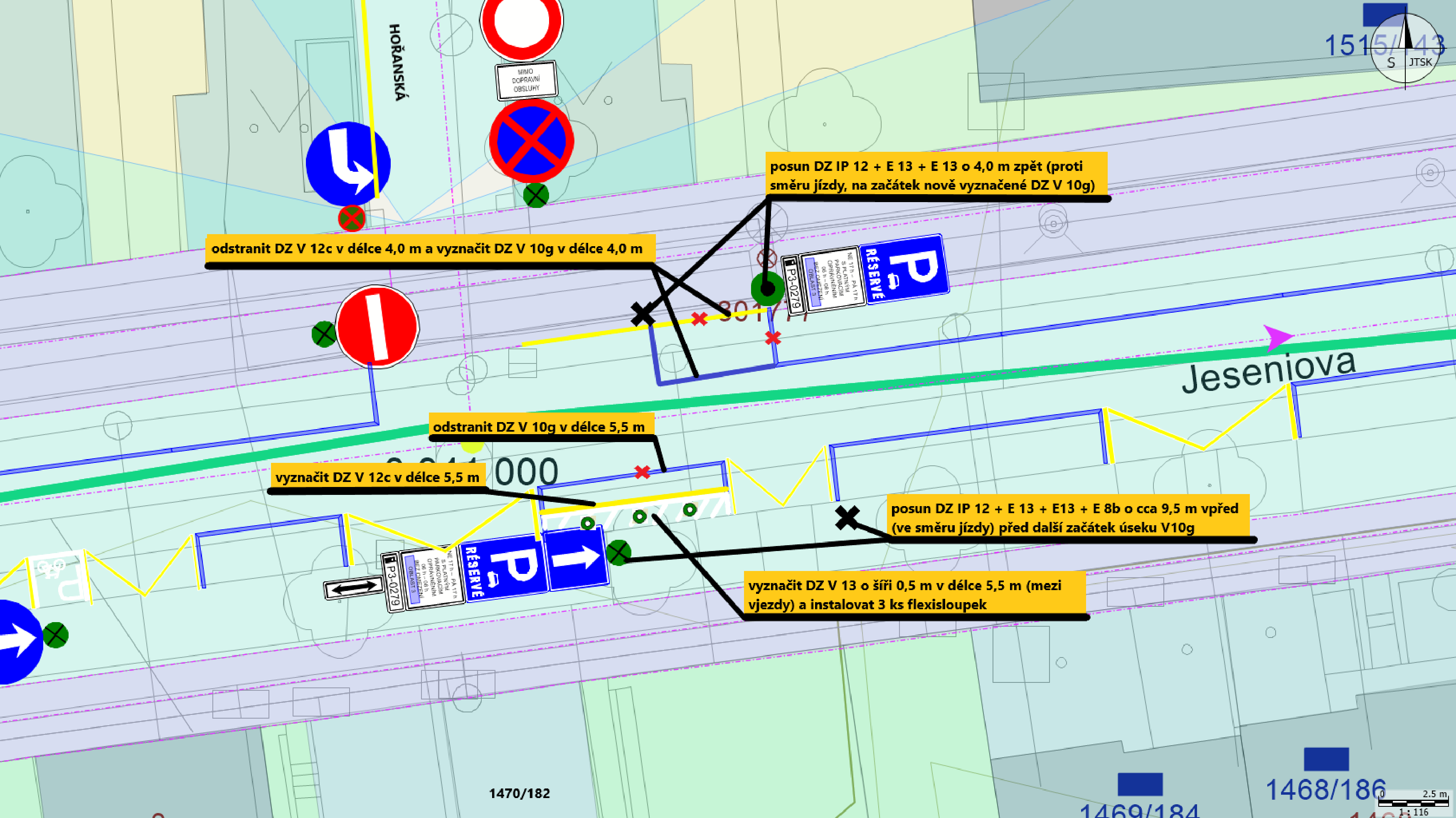 Dopravně-inženýrské schéma s vyznačením úprav vodorovného a svislého dopravního značení v ulici Jeseniova.