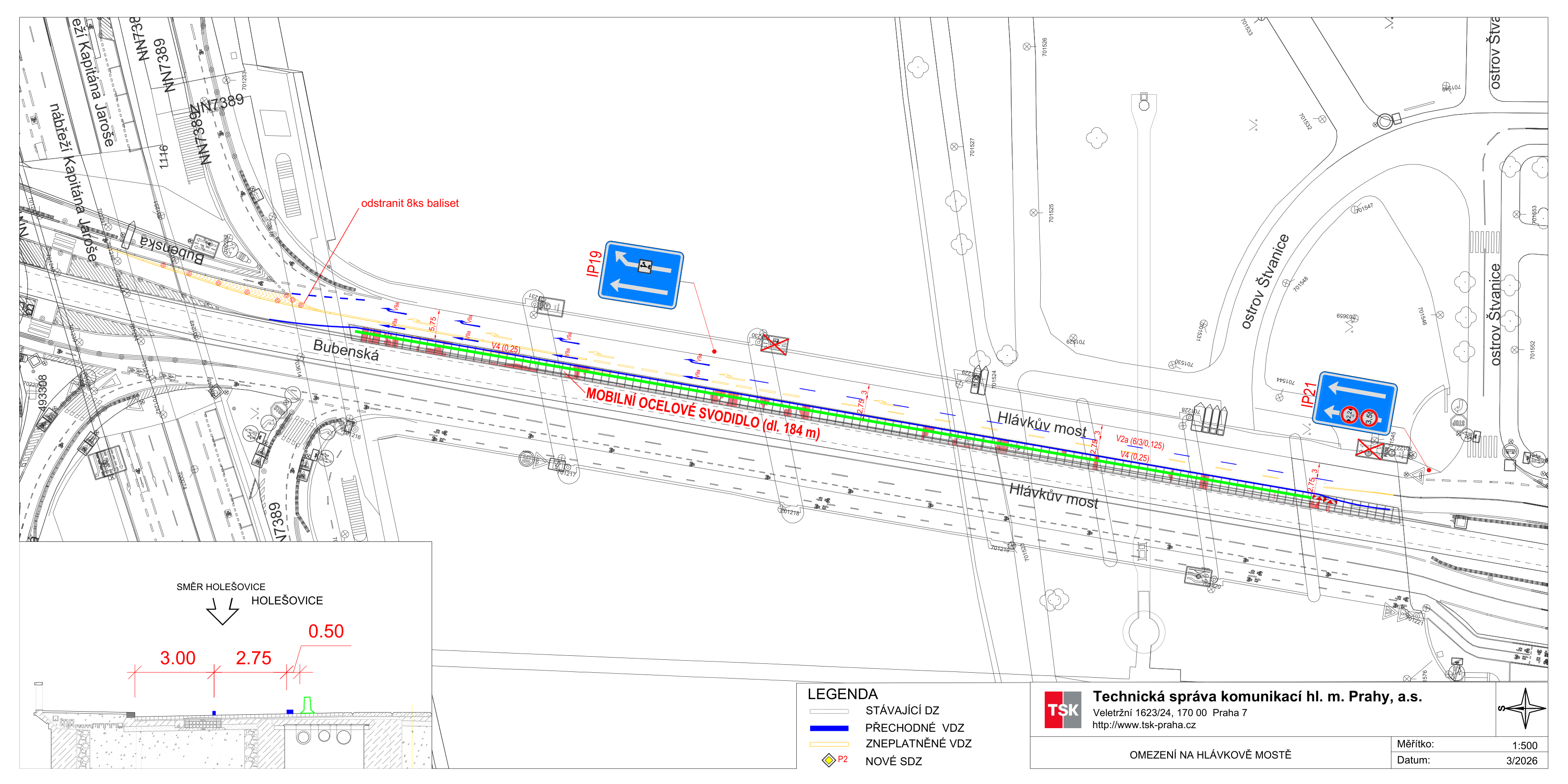 Dopravně-inženýrské schéma značení při omezení na Hlávkově mostě.
