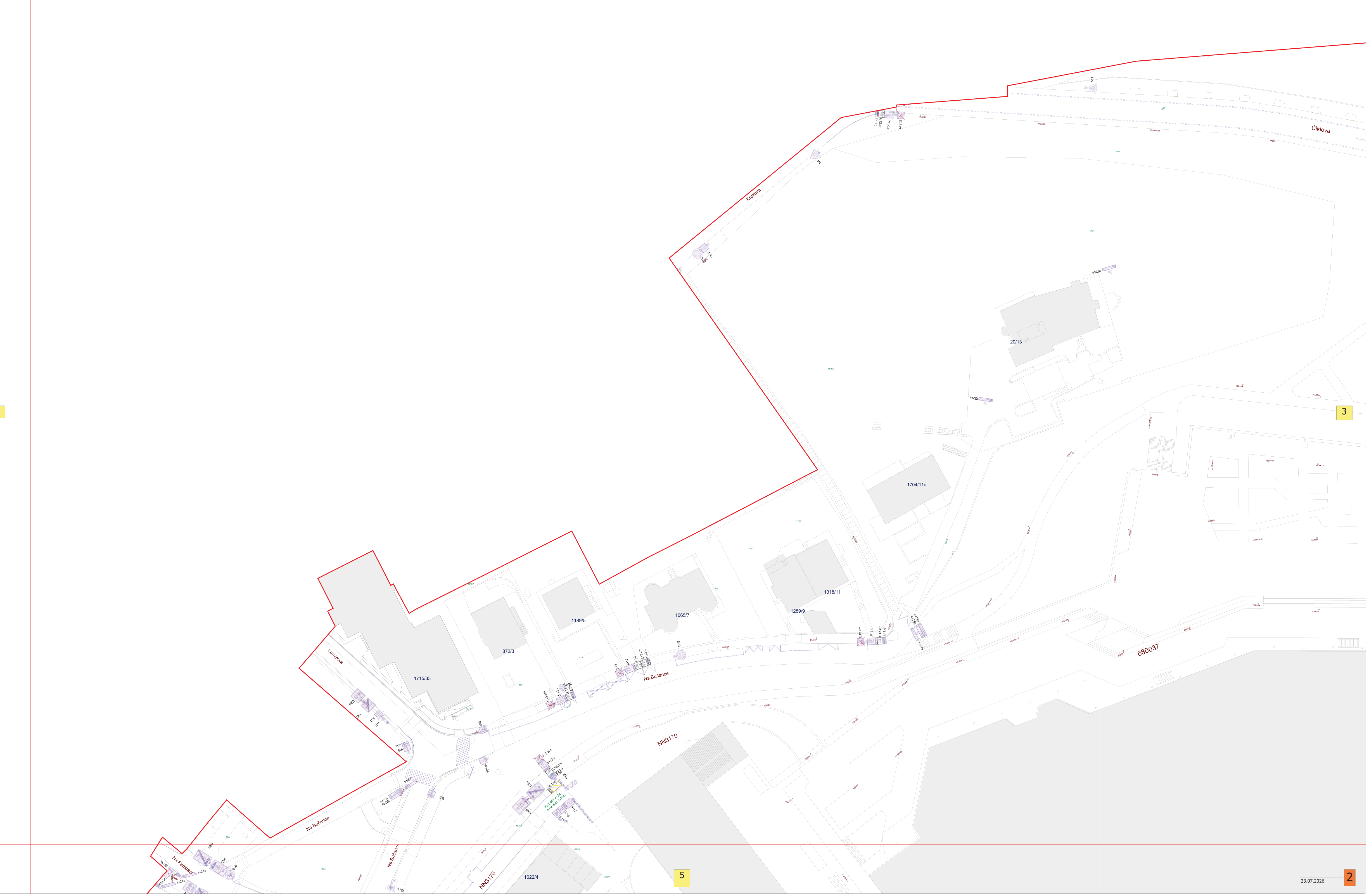 Katastrální situační mapa zobrazující území s vyznačenými parcelami a budovami. Čitelné textové údaje: 'Čišova', '1715/33', '879/5', '1186/5', '1089/7', '1289/5', '1318/11', '1706/11a', '2013', '680037', 'NN3170', 'NN3175', '1622/4', 'Na Bulance', '23.07.2026'. V pravém dolním rohu je číslo '2', v pravé části číslo '3', v dolní části číslo '5'.