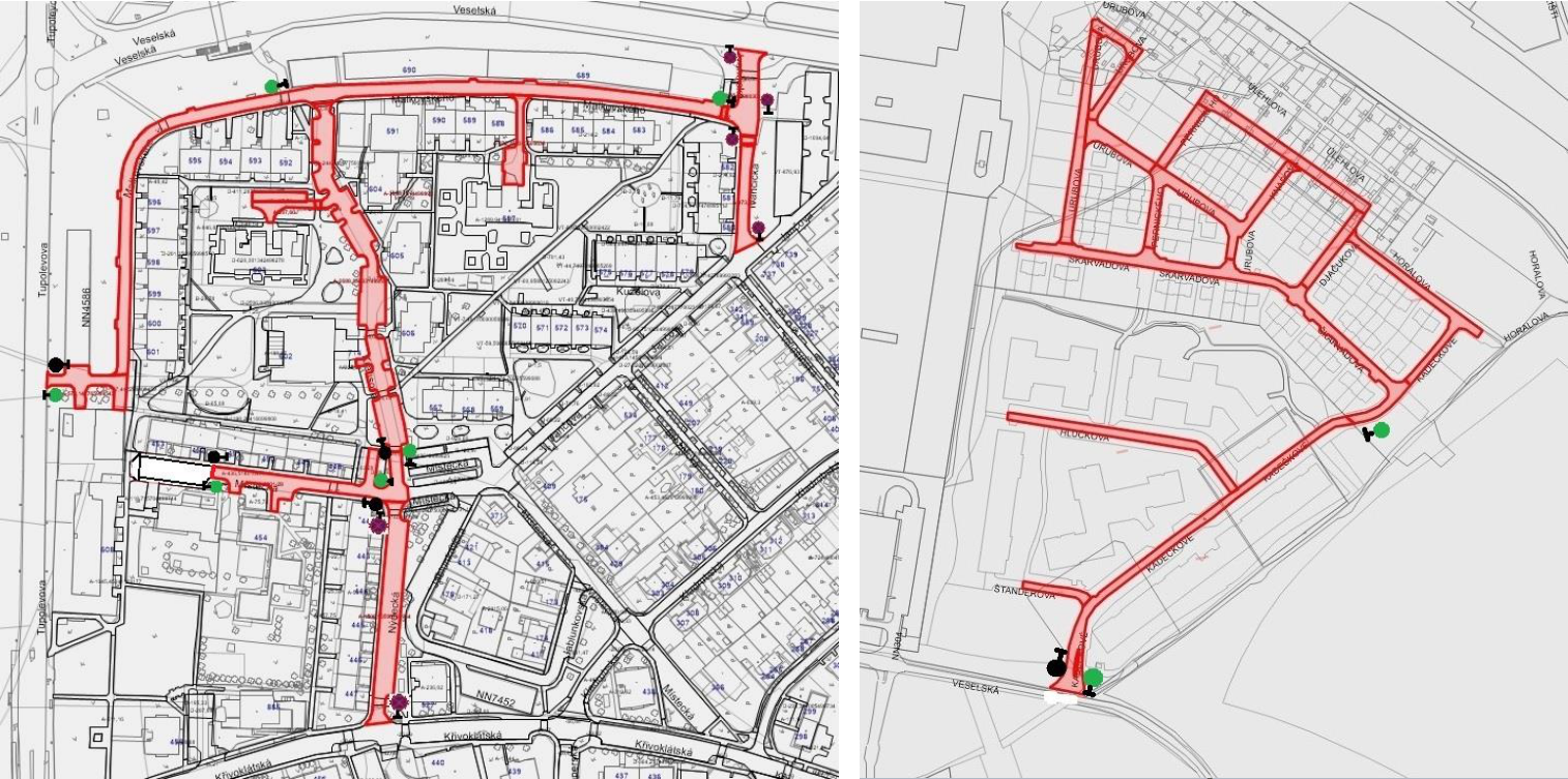 Situační plán inženýrských sítí (pravděpodobně teplovodů) v zastavěné oblasti. Levá část mapy obsahuje ulice: Veselská, Tupolevova, Nydecká, Křivoklátská, Místecká. Pravá část mapy obsahuje ulice: Veselská, Kadečkova, Standerova, Hluckova, Djačukova, Skarvadova, Horalova, Ulehlova, Urubova.