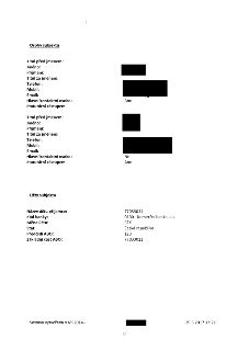 Dokument obsahuje sekce 'Osoby subjektu' a 'Účty subjektu'. V sekci 'Osoby subjektu' jsou uvedeny údaje o dvou osobách (jména jsou začerněna), u první osoby je…