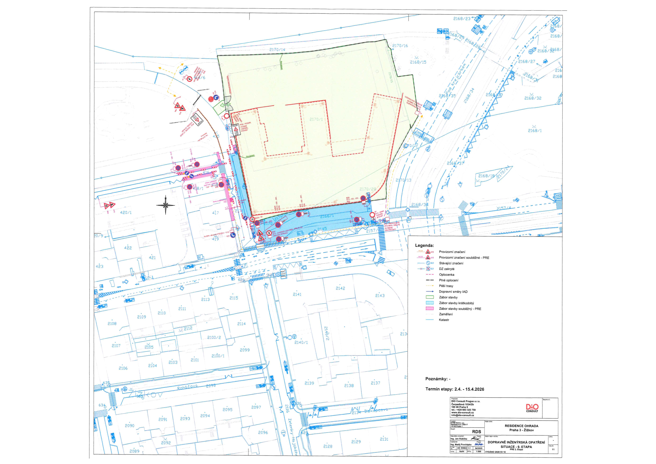 Koordinační situační výkres dopravního značení a záboru pro stavbu Residence Ohrada v Praze 3 - Žižkov.