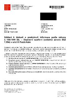 Sdělení k žádosti o poskytnutí informace podle zákona č. 106/1999 Sb. týkající se dopravního opatření (světelná závora SSZ 7.994) v ulici K Pazderkám. Dokument…
