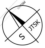 Severka (orientační růžice) používaná v mapových podkladech, označující orientaci k severu v souřadnicovém systému S-JTSK (Jednotná trigonometrická síť katastrální). V obrázku je text 'S', 'JTSK' a kód 'NN7384'.