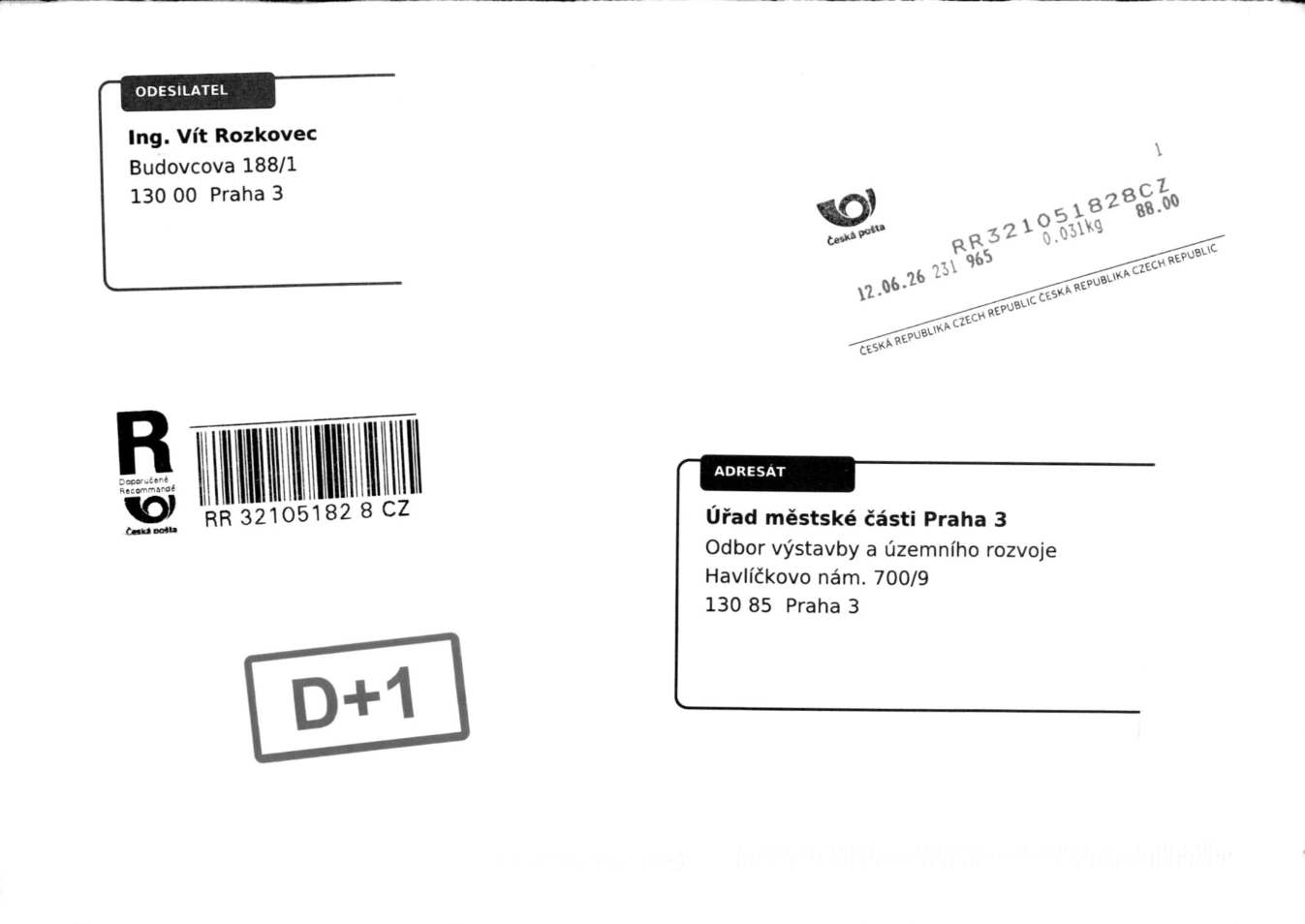 Obálka doporučené zásilky České pošty. Odesílatel: Ing. Vít Rozkovec, Budovcova 188/1, 130 00 Praha 3. Adresát: Úřad městské části Praha 3, Odbor výstavby a územního rozvoje, Havlíčkovo nám. 700/9, 130 85 Praha 3. Podací číslo: RR 32105182 8 CZ, datum podání 12.06.26.