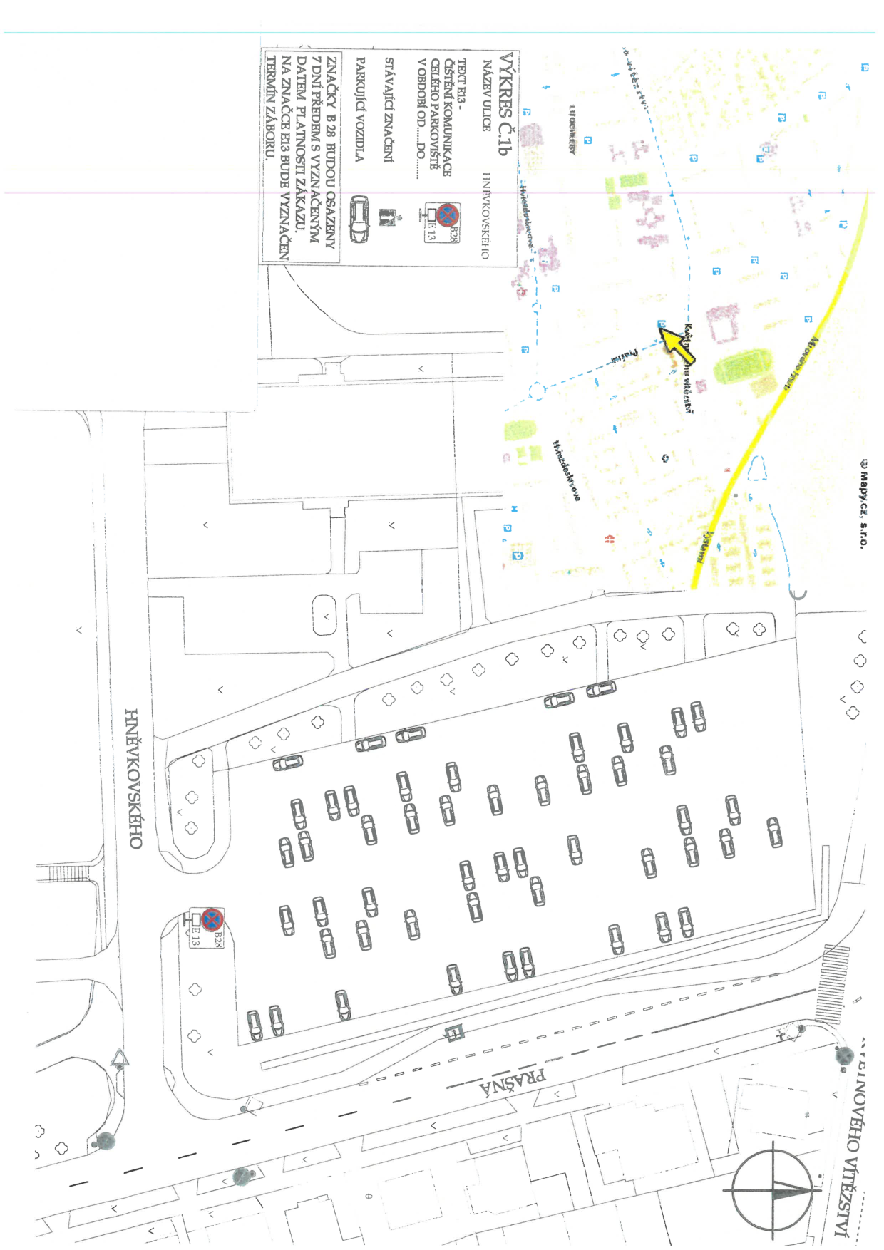 Situační nákres dopravního značení na parkovišti v ulici Hněvkovského.