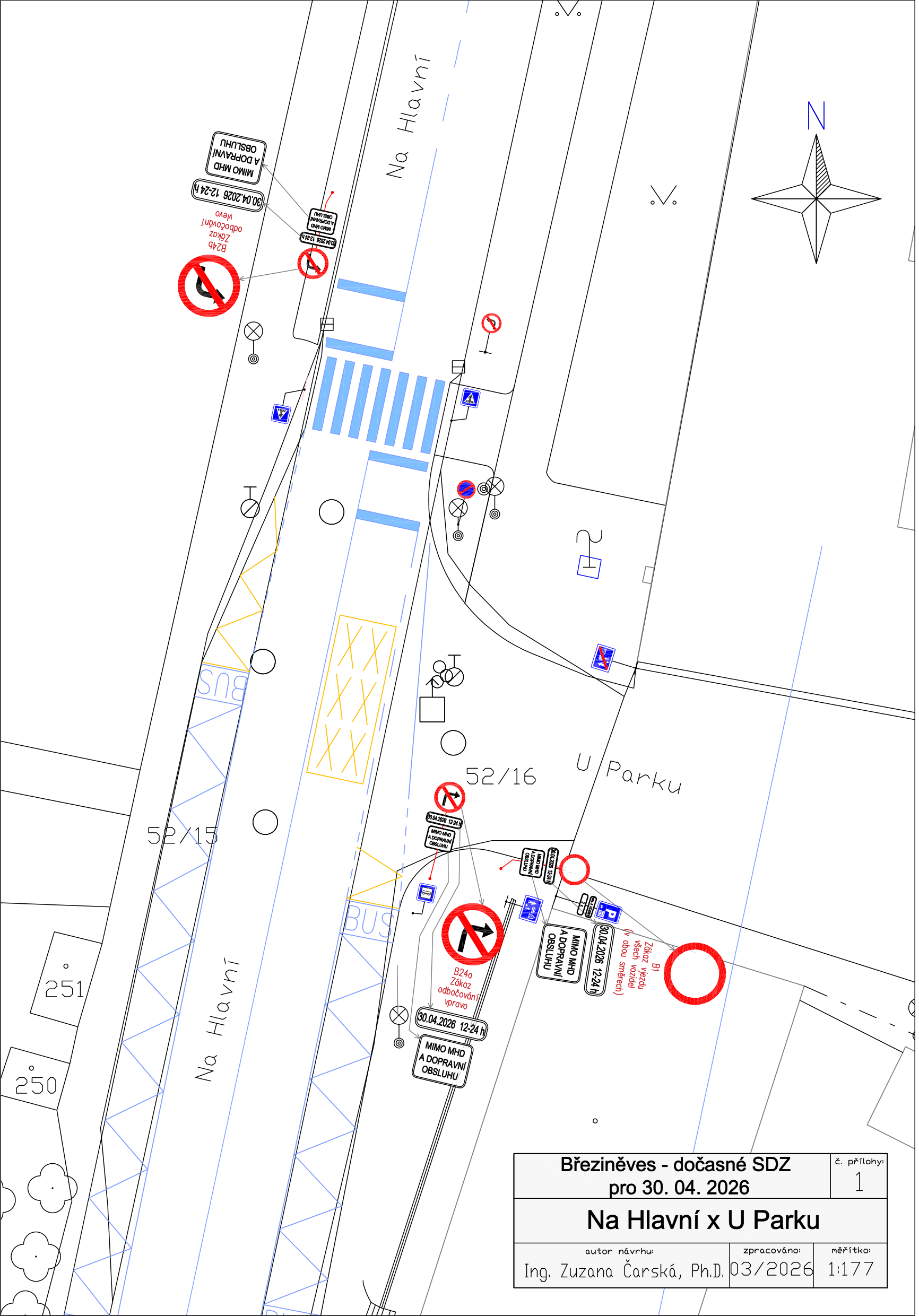 Situační nákres dočasného dopravního značení v křižovatce ulic Na Hlavní a U Parku v Březiněvsi.